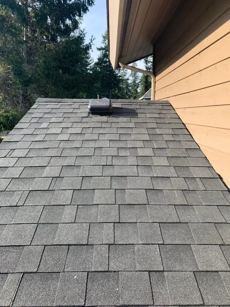 A close up of a roof with shingles and a vent on it.