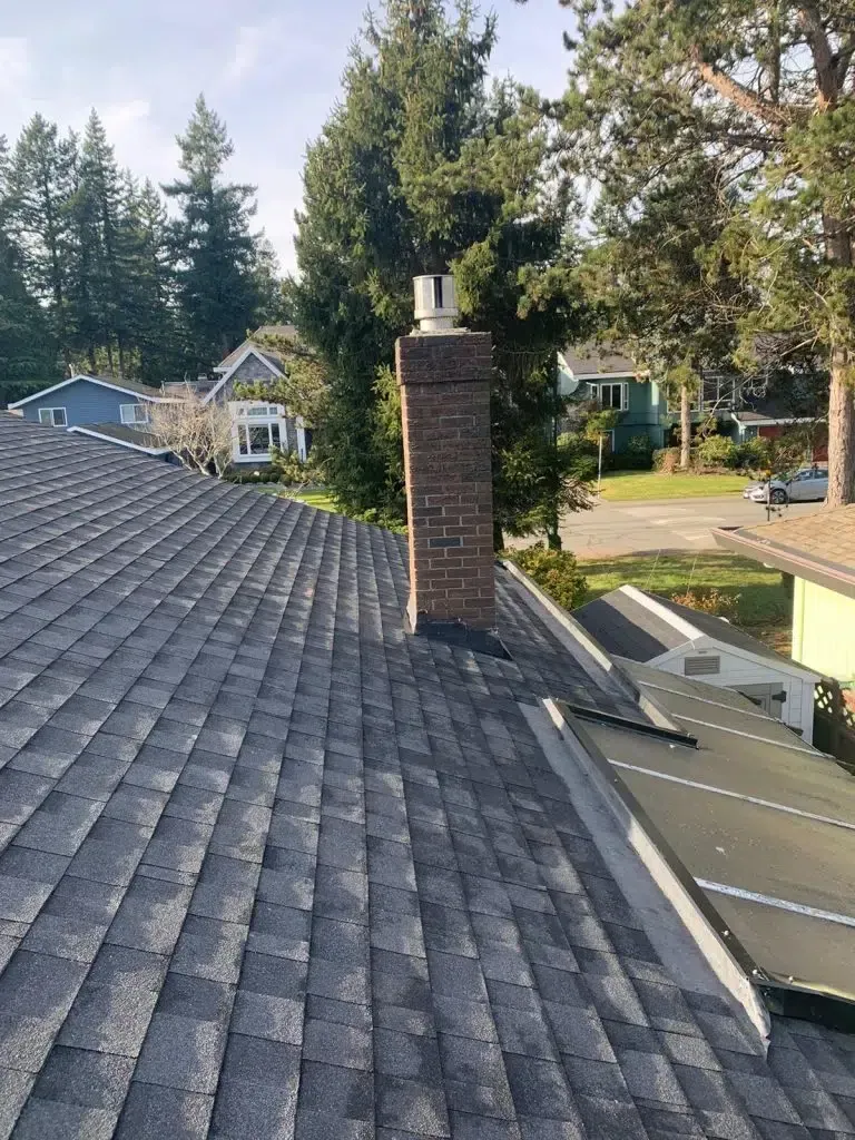 There is a chimney on the roof of a house.