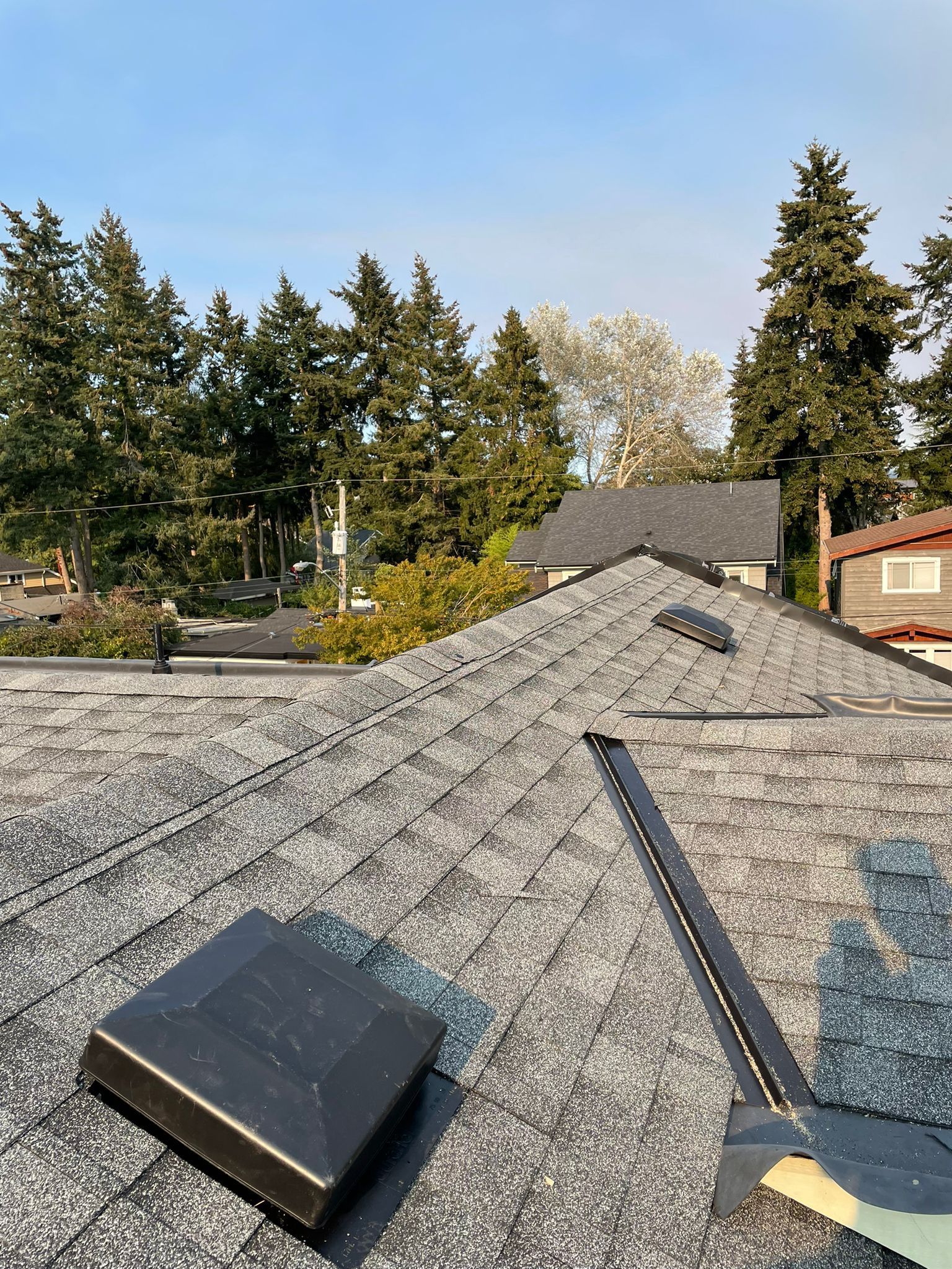A gray shingled roof with a black ventilation box and ridge vent, set against a background of trees under a clear sky.