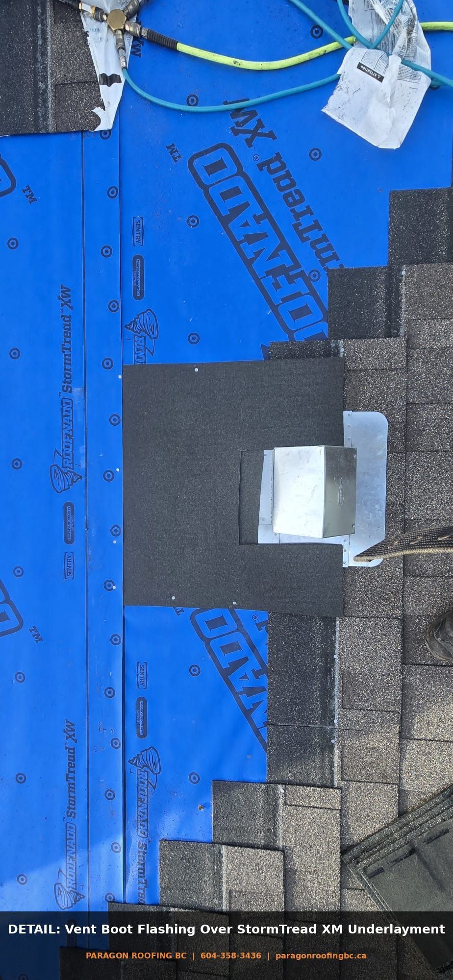 Vent boot penetration flashing detail over Roofnado StormTread XM underlayment during roof replacement — 133A St Surrey BC by Paragon Roofing BC