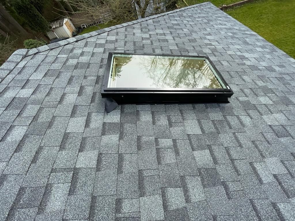 There is a skylight on the roof of a house.