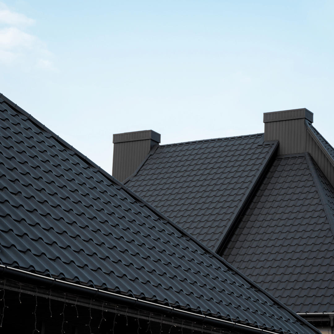 Black metal roofs on houses against a blue sky.