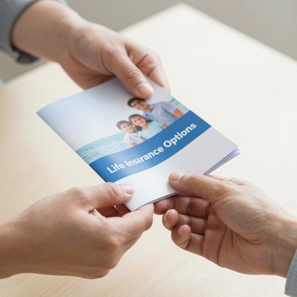 Two sets of hands exchange a brochure titled