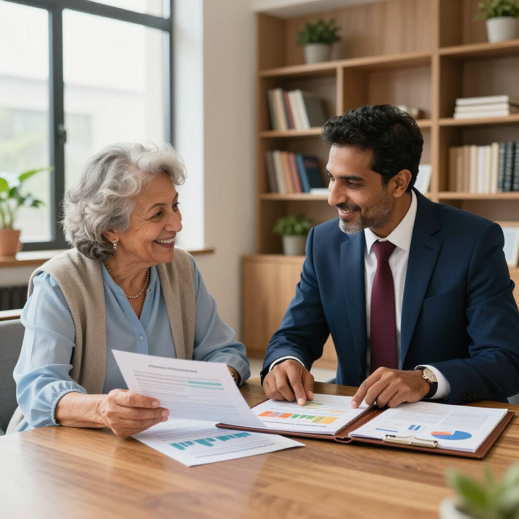 A professional advisor sits at a wooden desk with a client, reviewing financial charts and documents in a library.