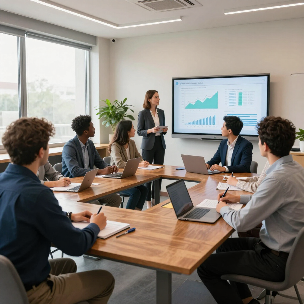 A group of professionals in a modern office meeting, with one person presenting data on a screen to colleagues.
