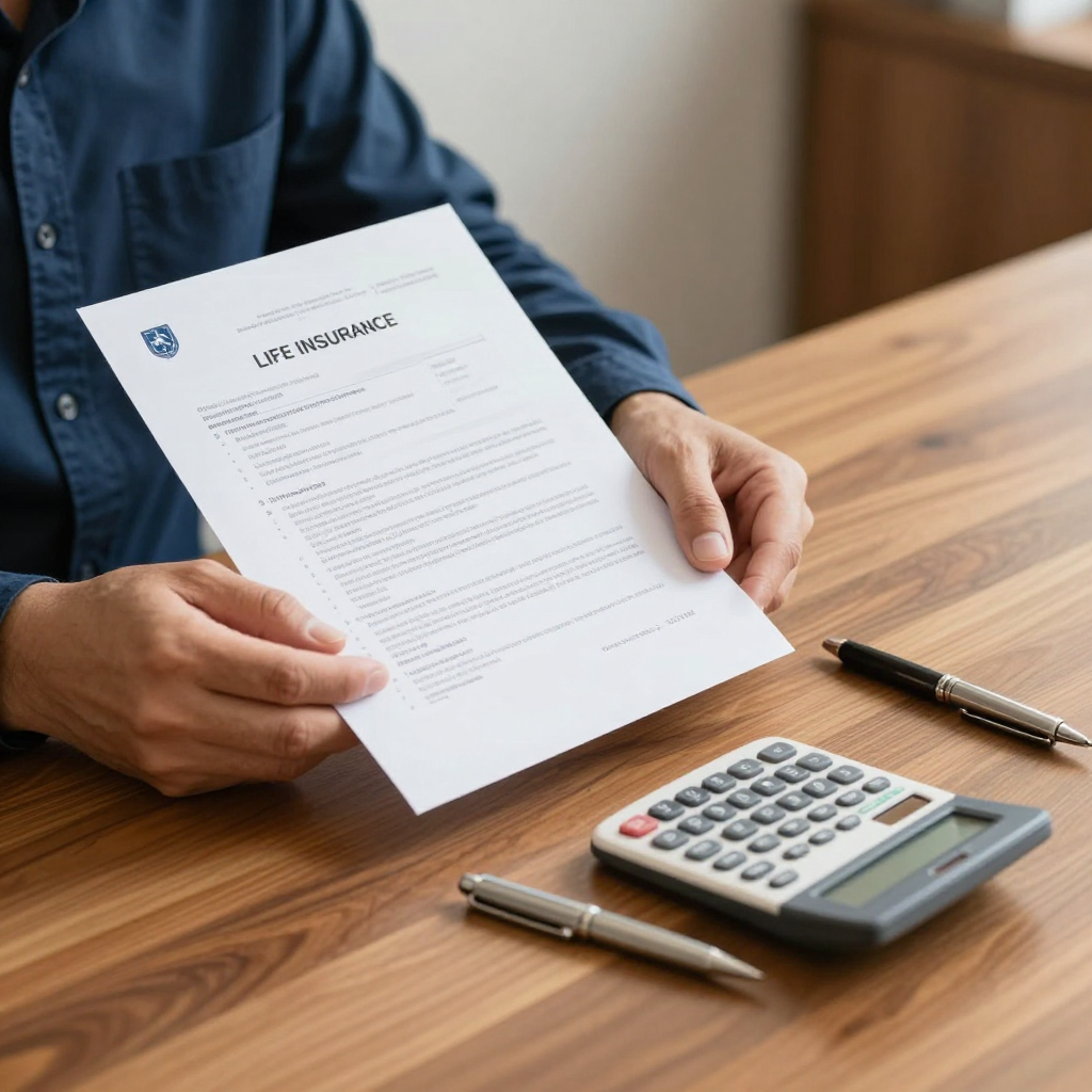 A person in a blue shirt holds a loan agreement document at a wooden desk with a calculator and two pens.