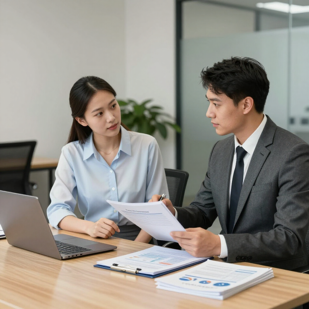 Two professionals in business attire collaborate at a desk with a laptop and documents in a bright, modern office.