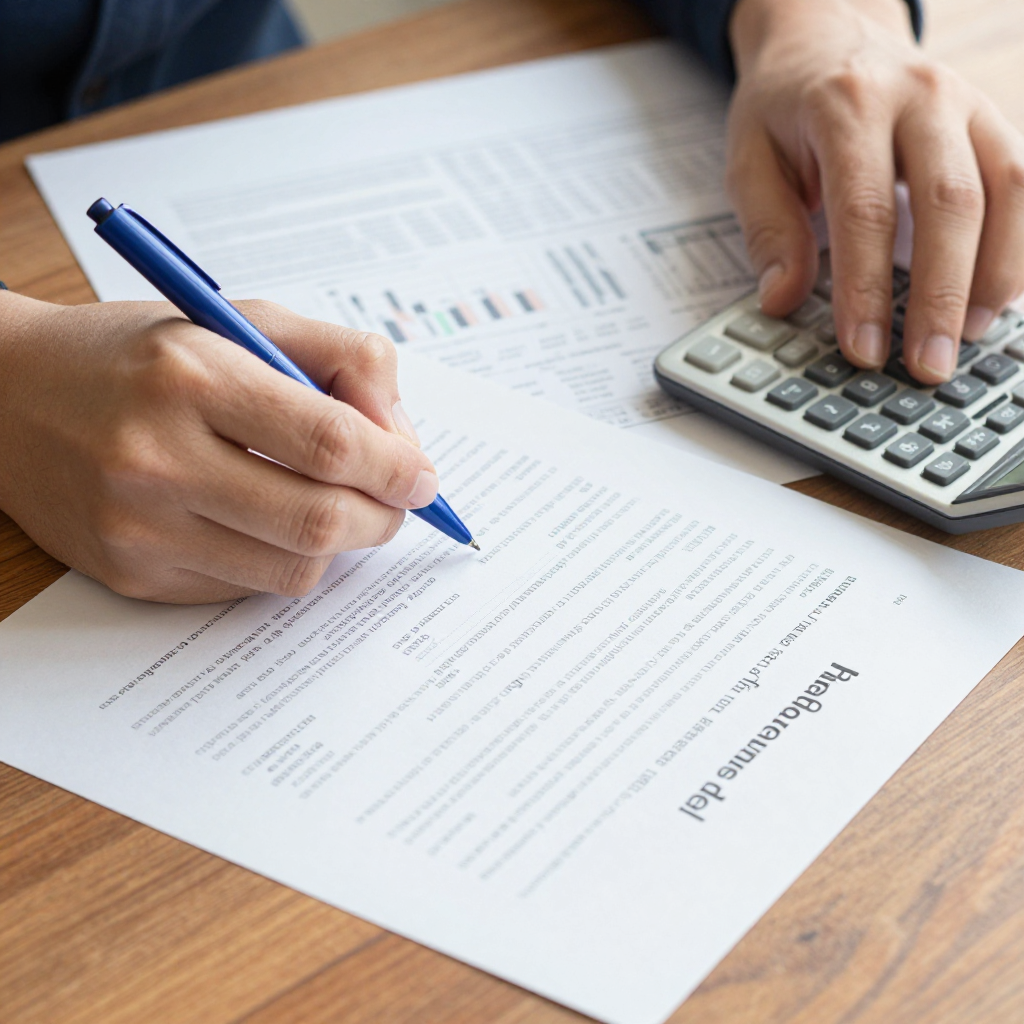 Hands using a calculator and pen to review financial documents on a wooden desk.