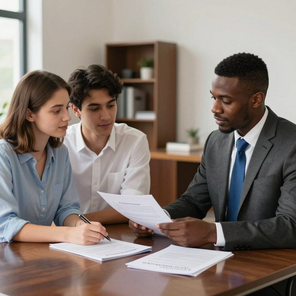 A professional consultant reviews paperwork with a couple sitting at a wooden table in an office setting.