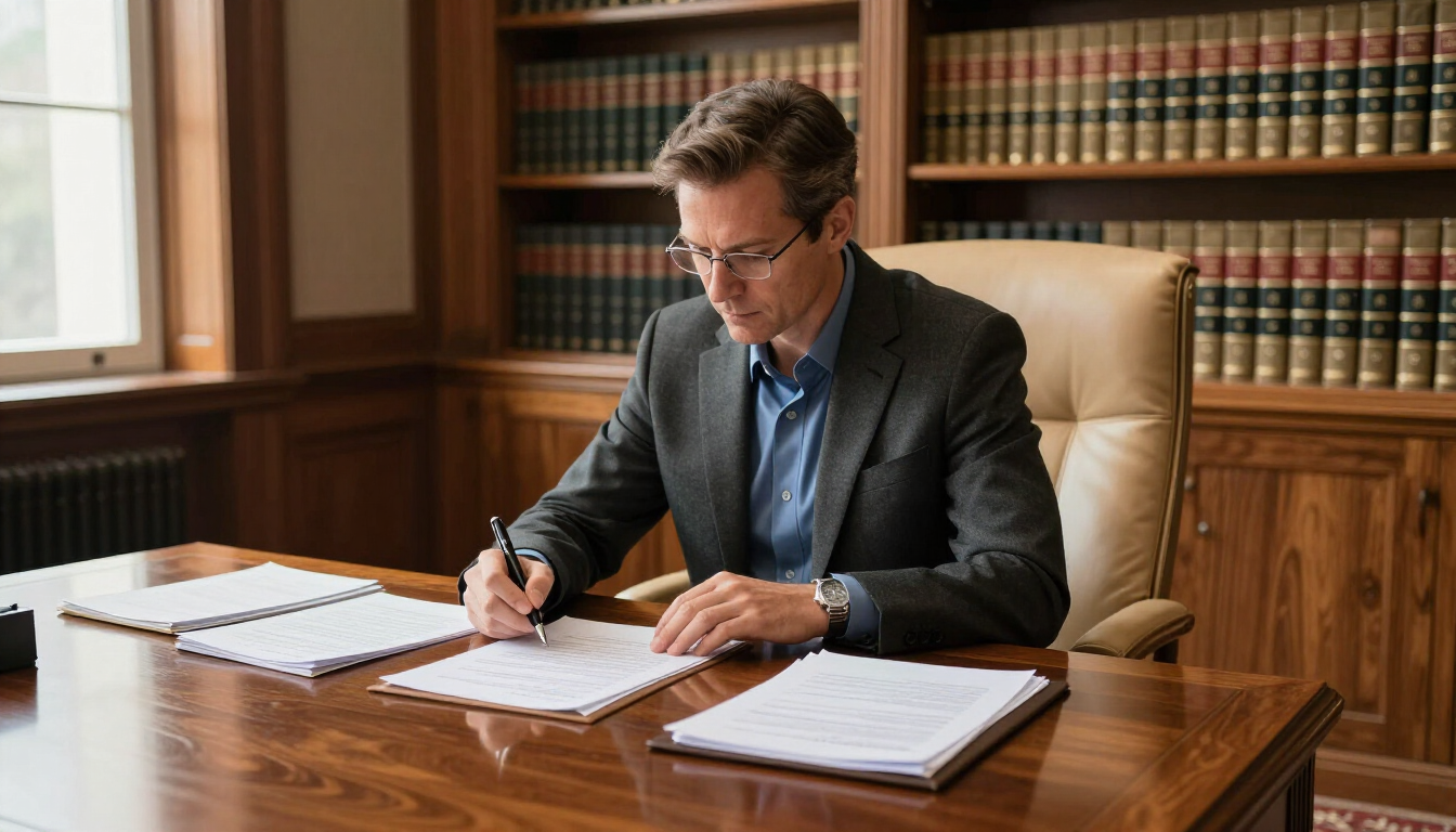 A lawyer reviewing documents in a professional office