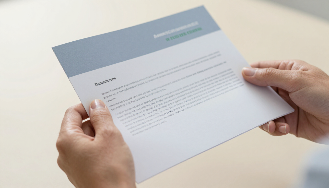 photorealistic hands holding a policy document or professional brochure soft lighting educational focus