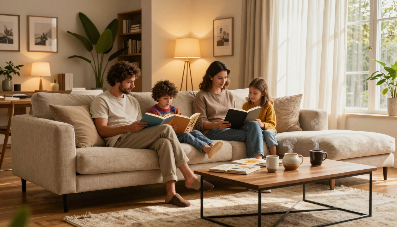 photorealistic peaceful family moment in living room warm lighting high quality detail