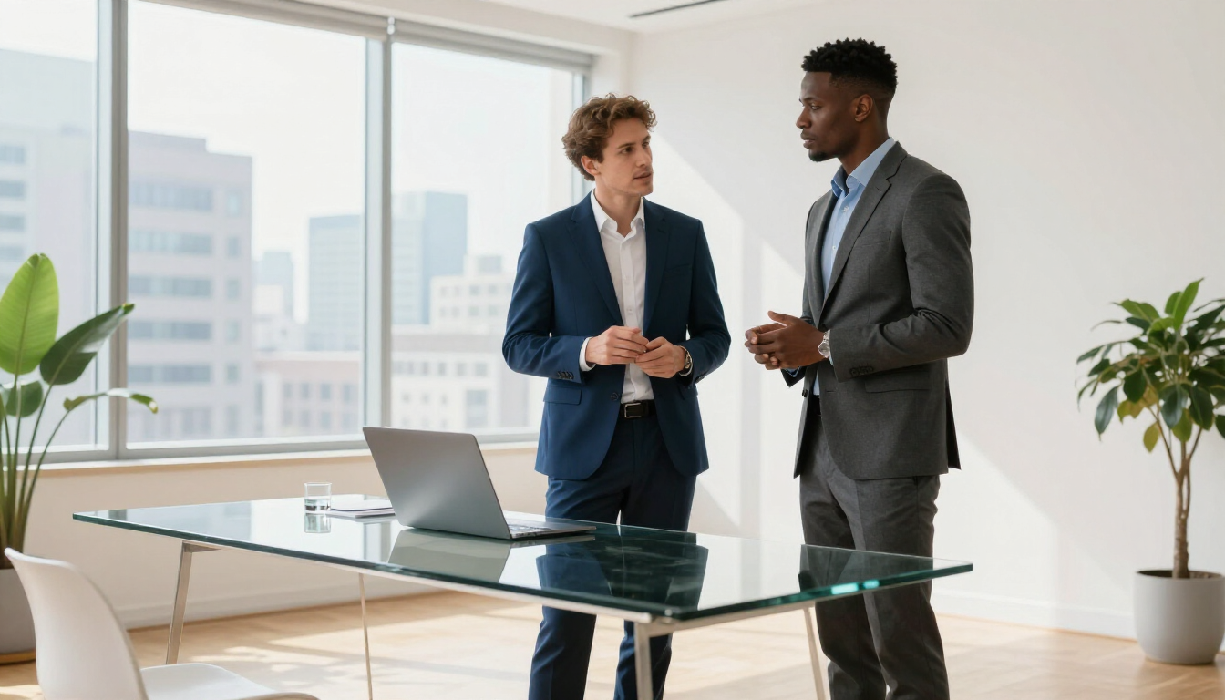 photorealistic two business partners discussing strategy in a modern bright office with large windows professional setting