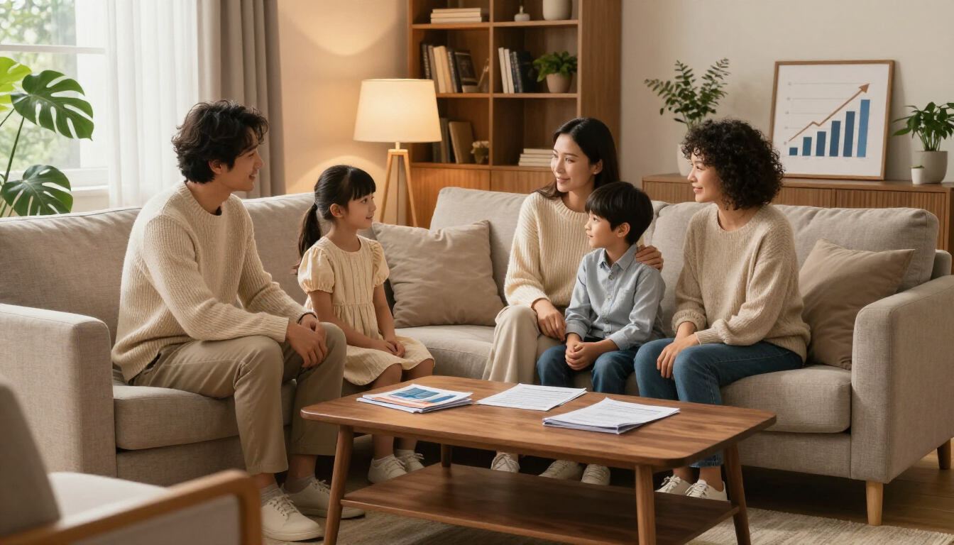 A family sitting together comfortably in a well-lit living room symbolizing financial security.