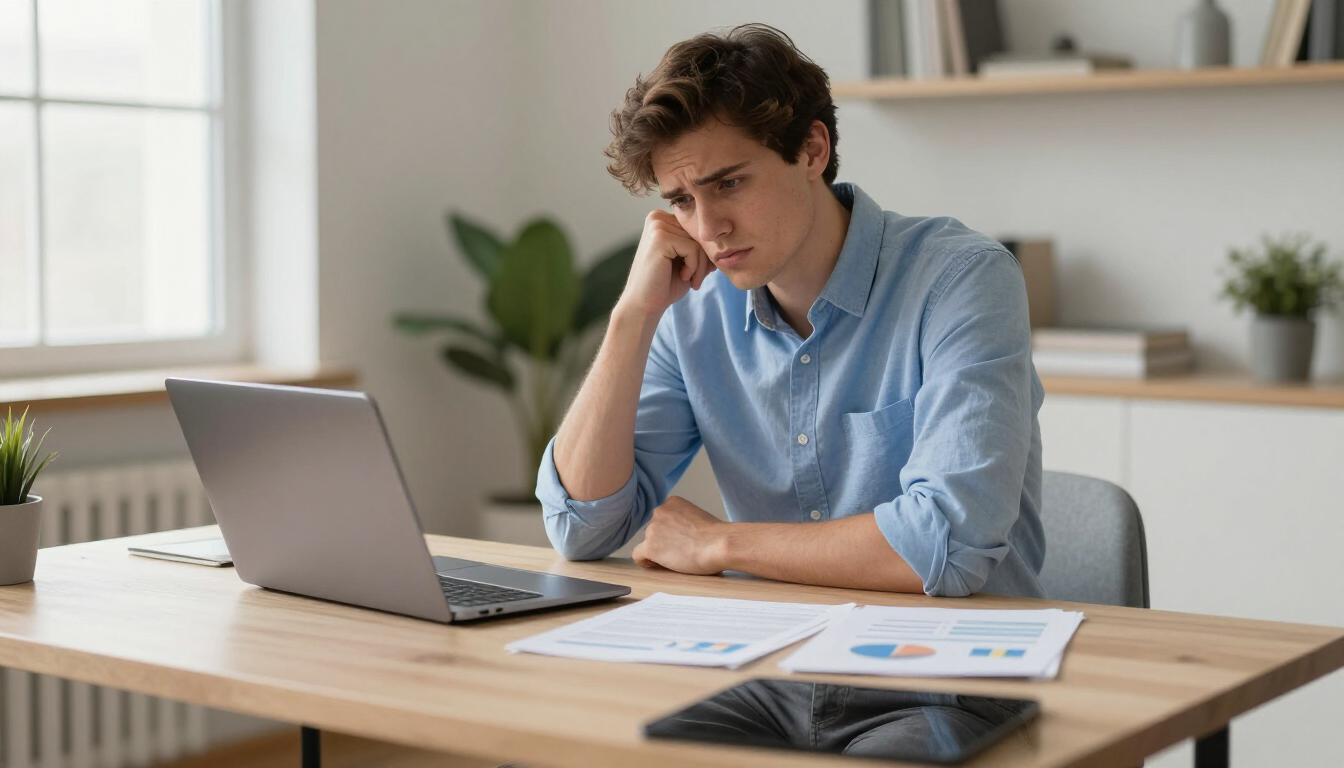 A skeptical person reviewing life insurance documents at a desk.