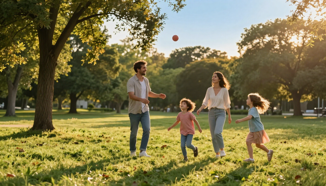 Family playing in park