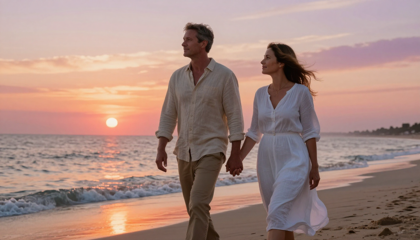 Middle aged couple enjoying a sunset walk