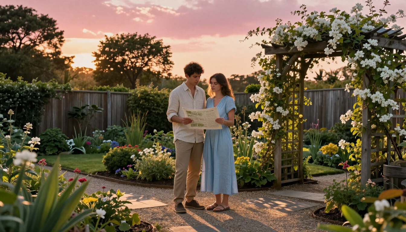A peaceful couple discussing their financial future in a sunlit garden setting.