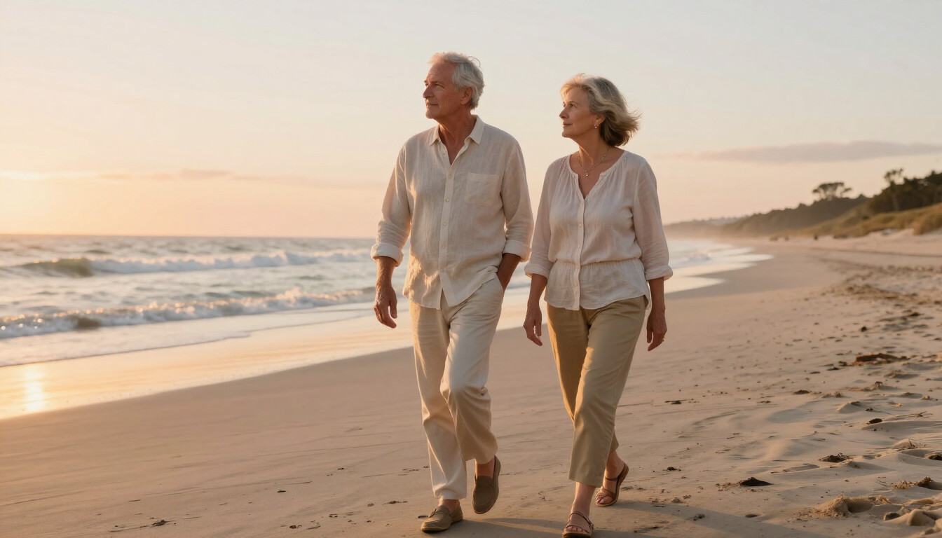 Senior couple walking peacefully on a beach at sunset
