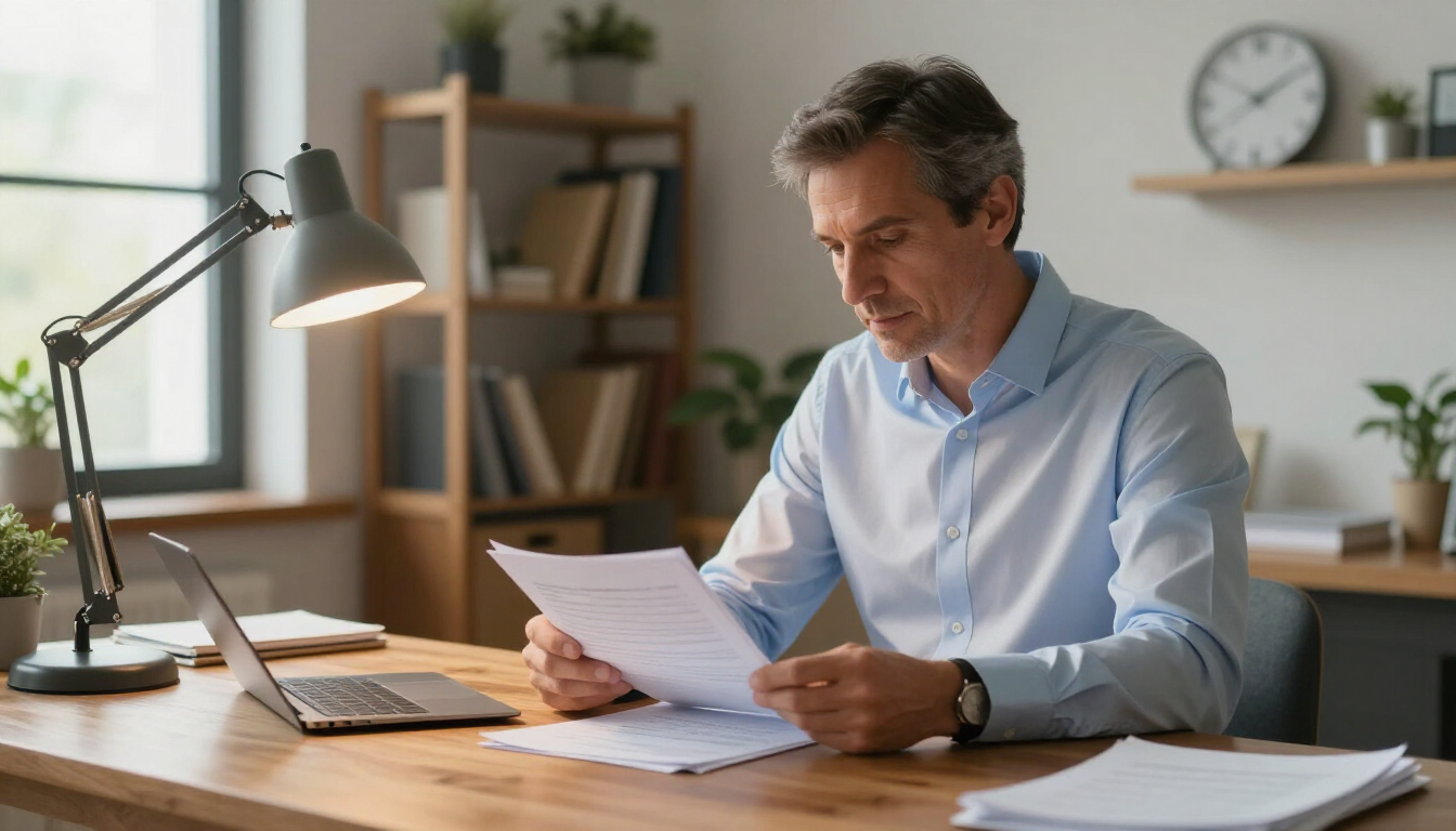 Individual reviewing insurance documents in a bright home office