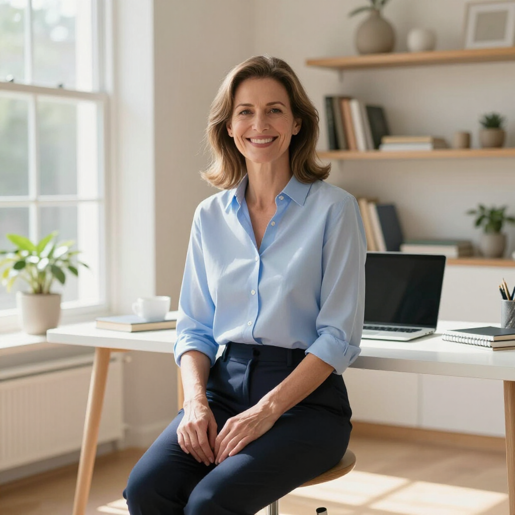 A person in a light blue shirt and dark pants smiles while sitting in a home office with a desk and bookshelf.