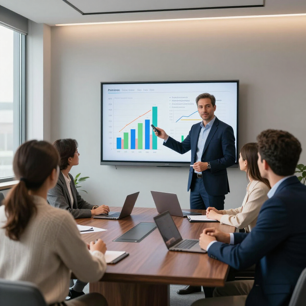 A professional presenter explains a bar chart on a large screen to a team gathered around a conference room table.