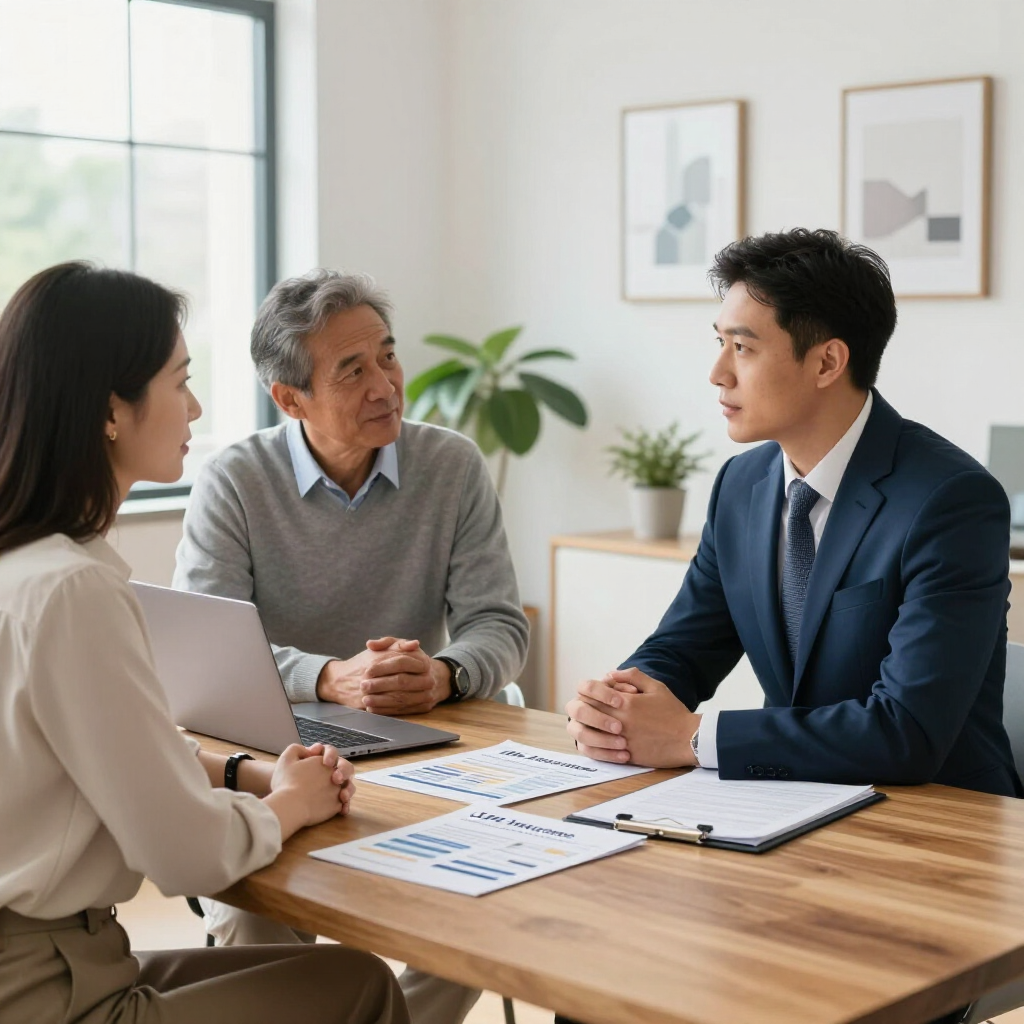 Three people sit at a wooden table in a professional office, discussing documents and a laptop during a meeting.
