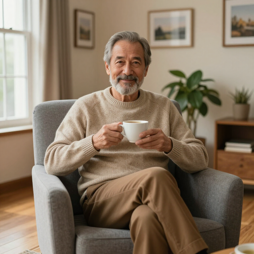 A person sitting in a gray armchair, smiling while holding a white coffee mug in a sunlit living room.