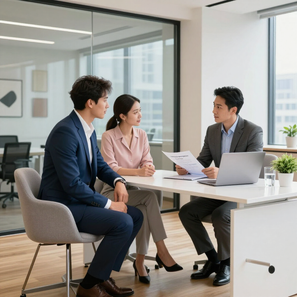 Three professionals sit at a desk in a modern office, engaged in a business meeting while reviewing documents.