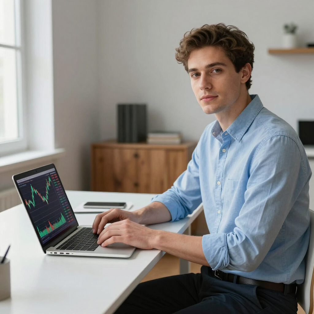 A person in a blue button-down shirt sits at a white desk, looking at the camera while using a laptop with stock charts.