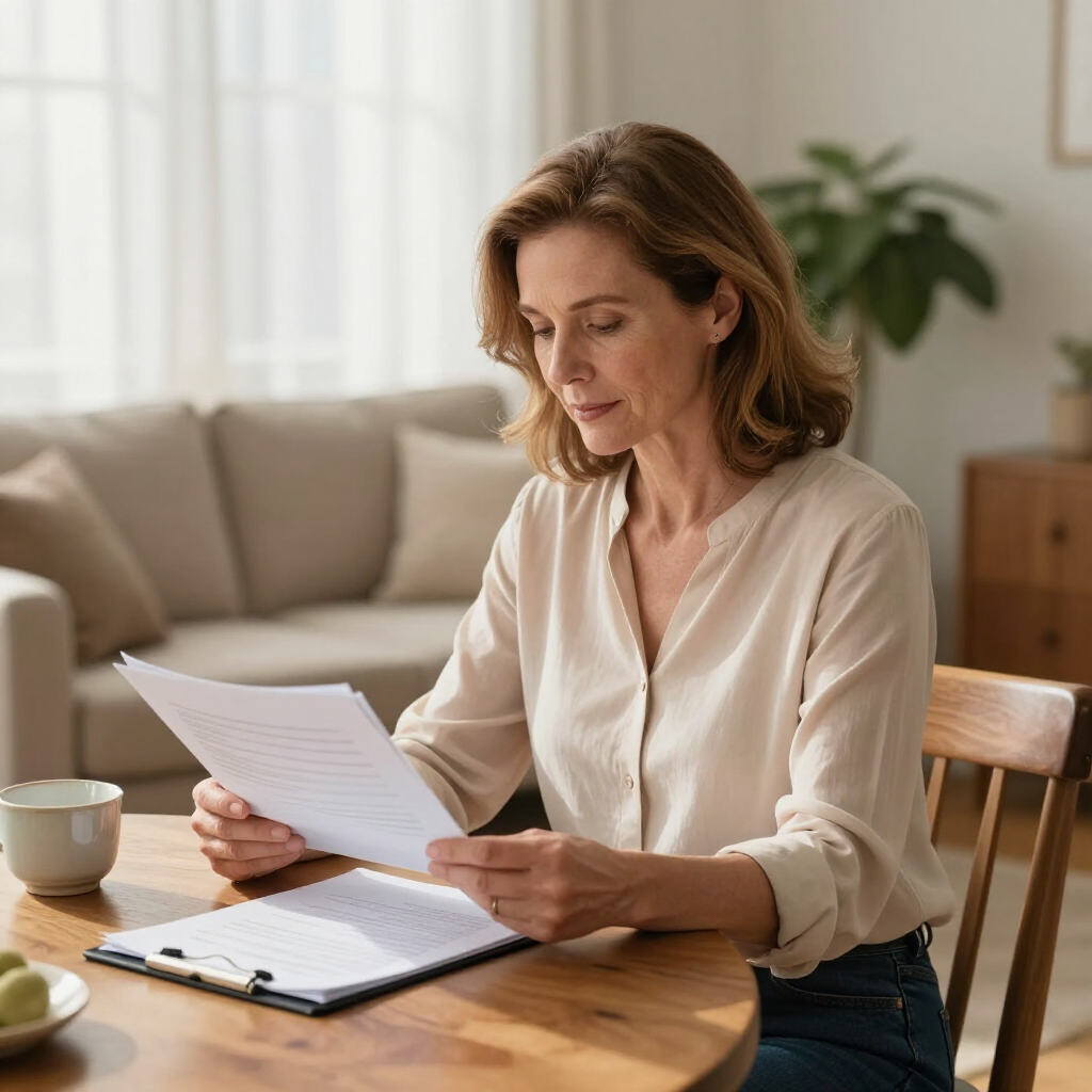 A person sits at a wooden table in a bright room, focused on reading a document held in their hands.