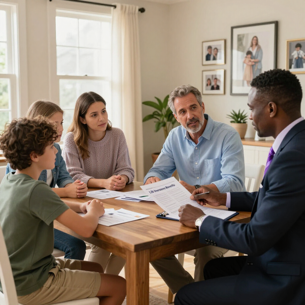 A professional sits at a wooden table discussing documents with a family of four in a bright, home-style setting.