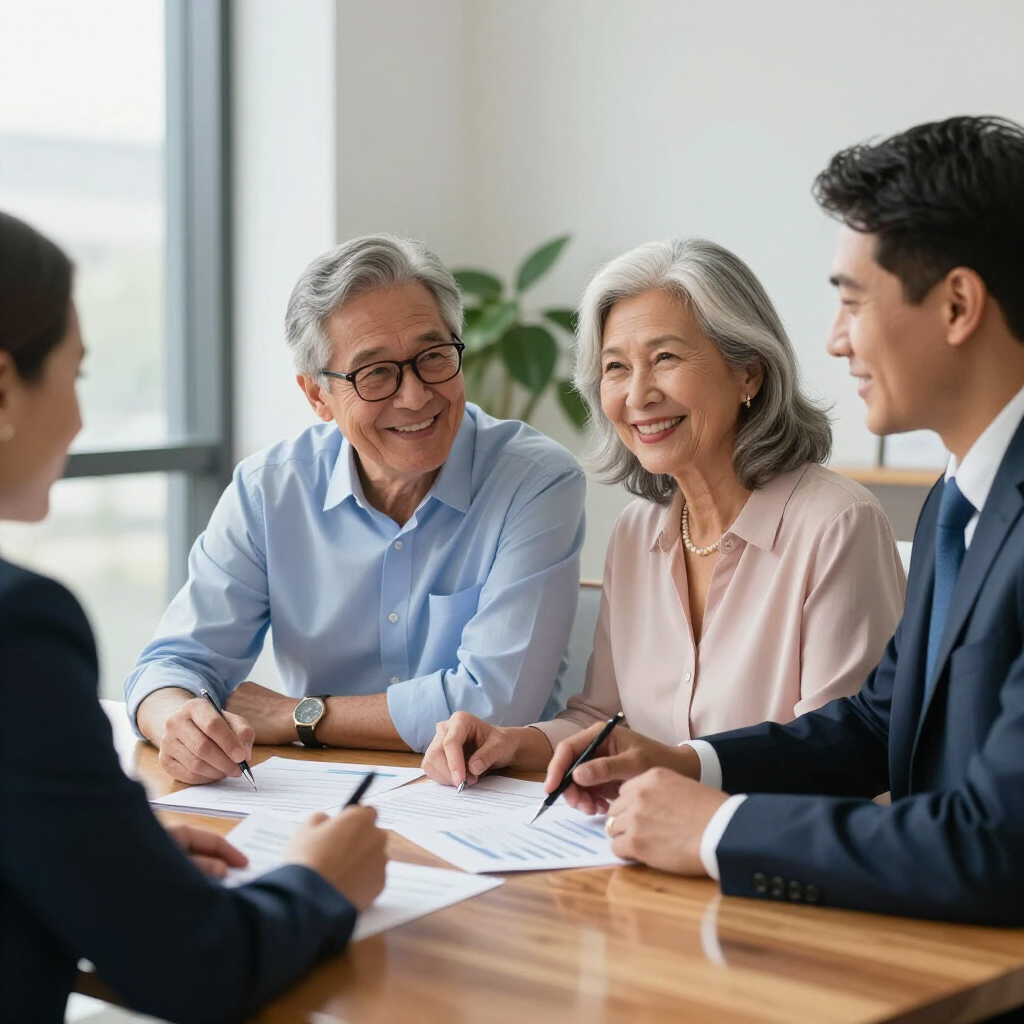 Professional meeting with four people sitting around a wooden table reviewing documents in a bright, modern office space.