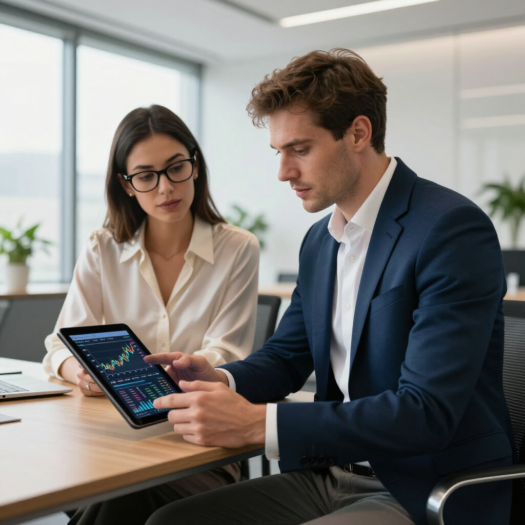 Two professionals in an office examine a tablet displaying stock market data.