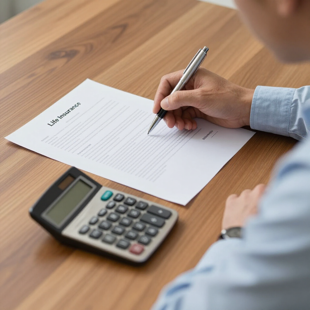 A person in a light blue shirt writes on a paper titled "Life Insurance" next to a calculator on a wooden desk.