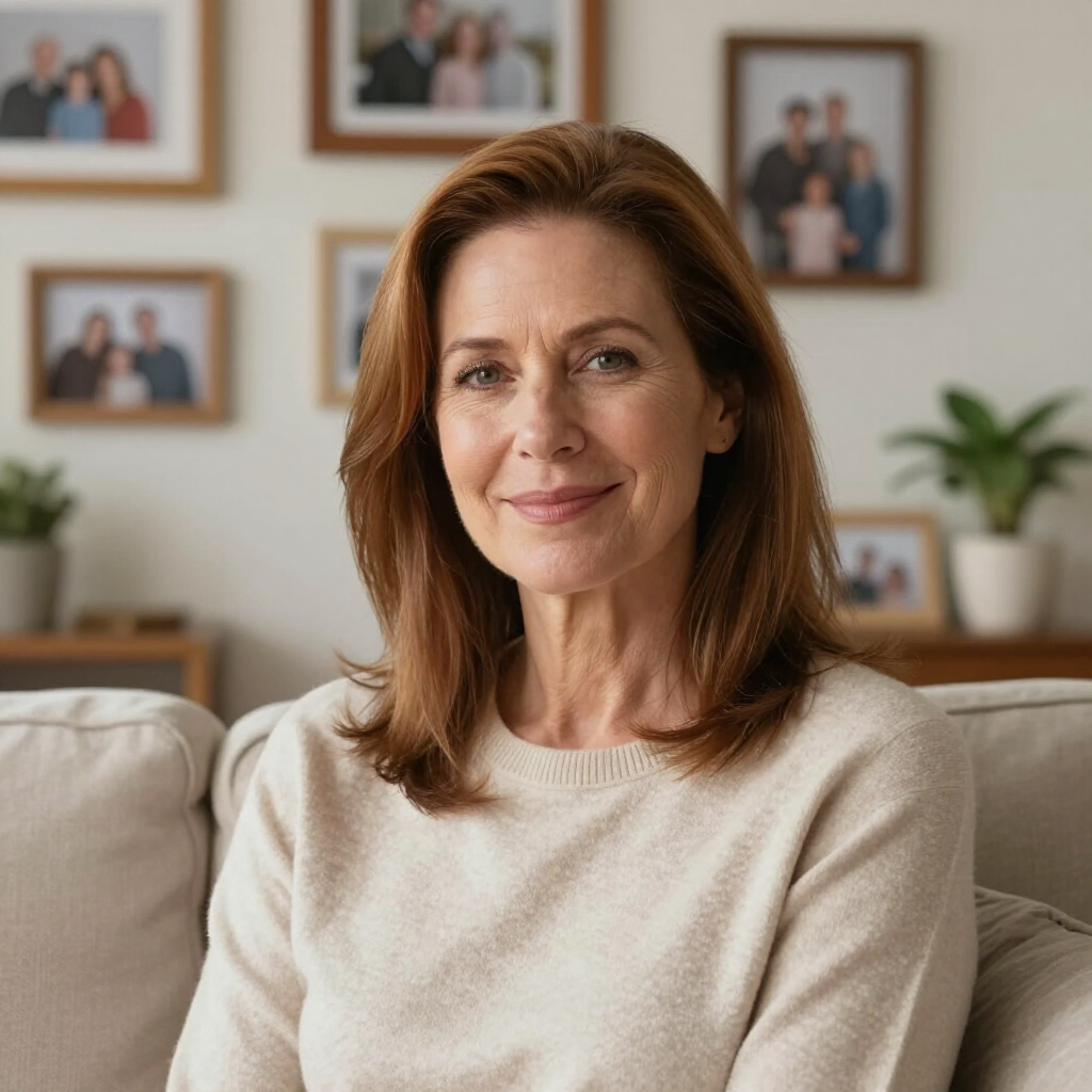 A person with shoulder-length hair sits on a sofa, smiling in a room decorated with framed photos and potted plants.