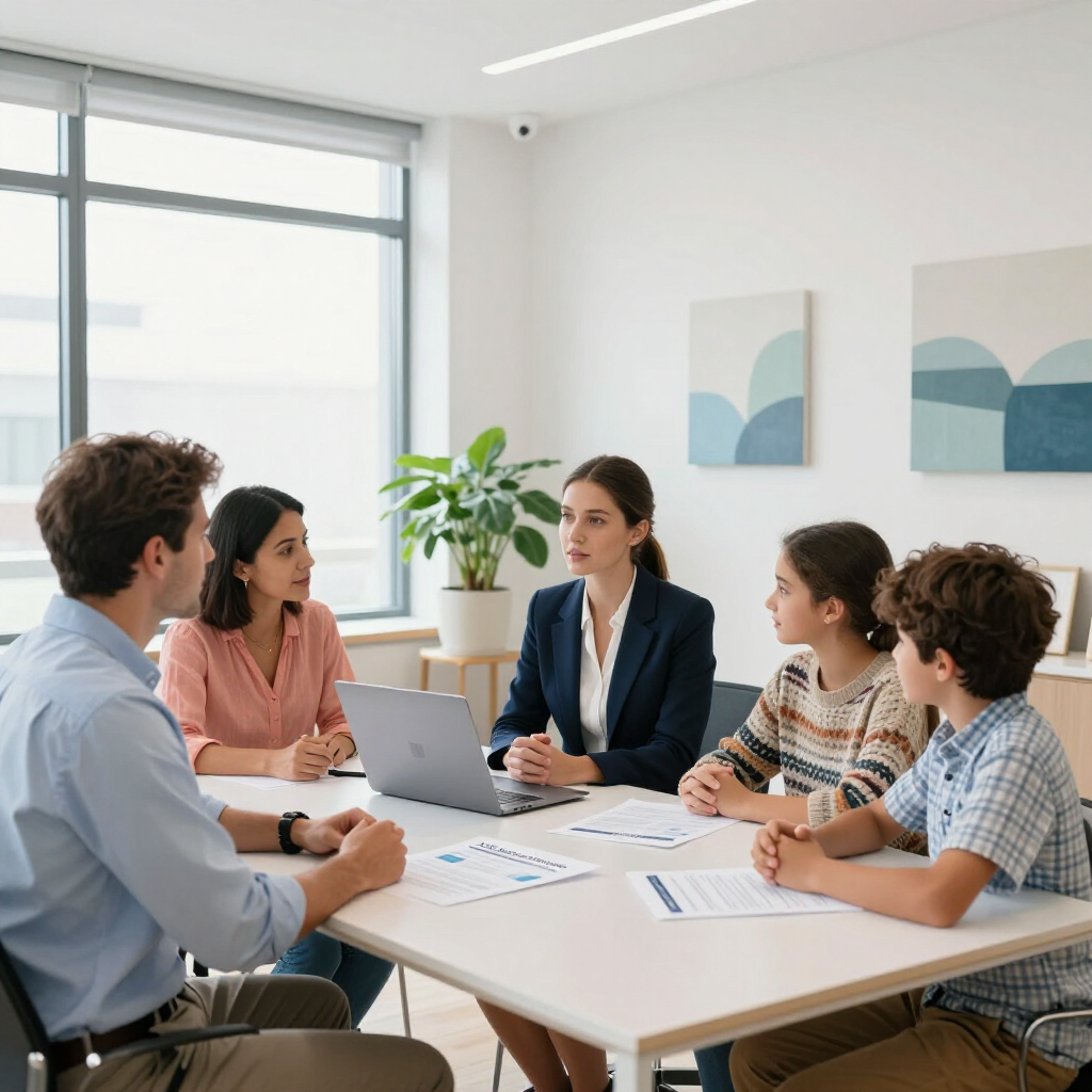 A professional meeting in a bright office with four people seated at a table reviewing documents and using a laptop.