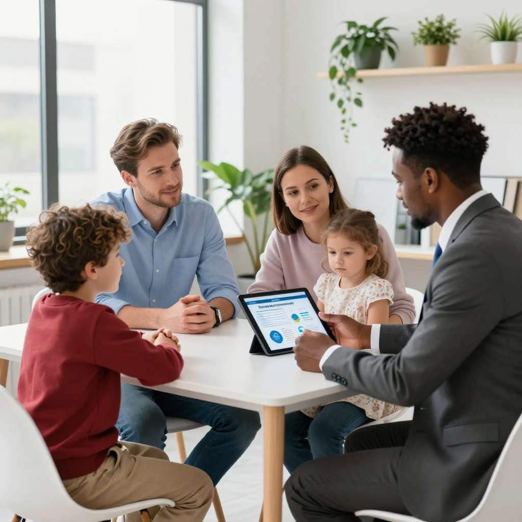 A professional in a suit explains charts on a tablet to a family sitting together at a bright office table.
