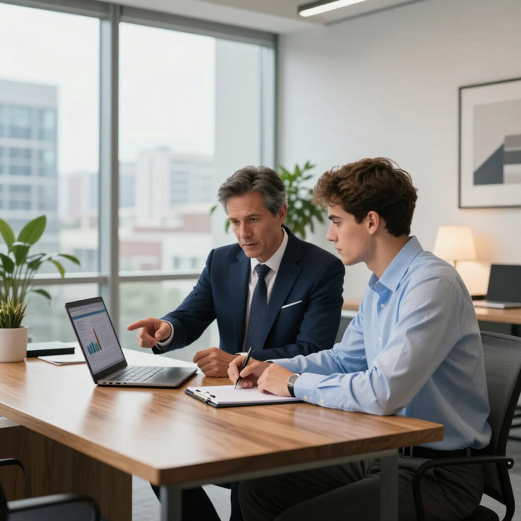 A person in a suit points to a laptop screen while discussing data with a colleague in a bright, modern office.