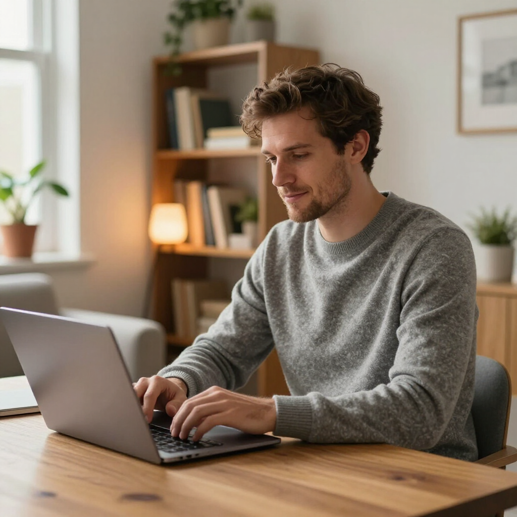 A person in a gray sweater sits at a wooden table, smiling while typing on a laptop in a brightly lit home office.