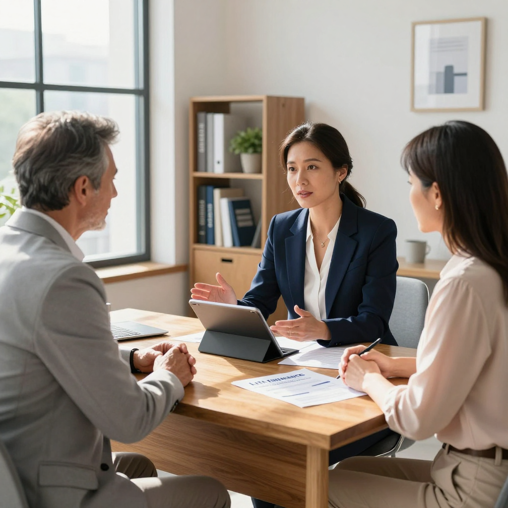 A consultant sits at a wooden table with two clients in an office, discussing documents and a tablet during a meeting.