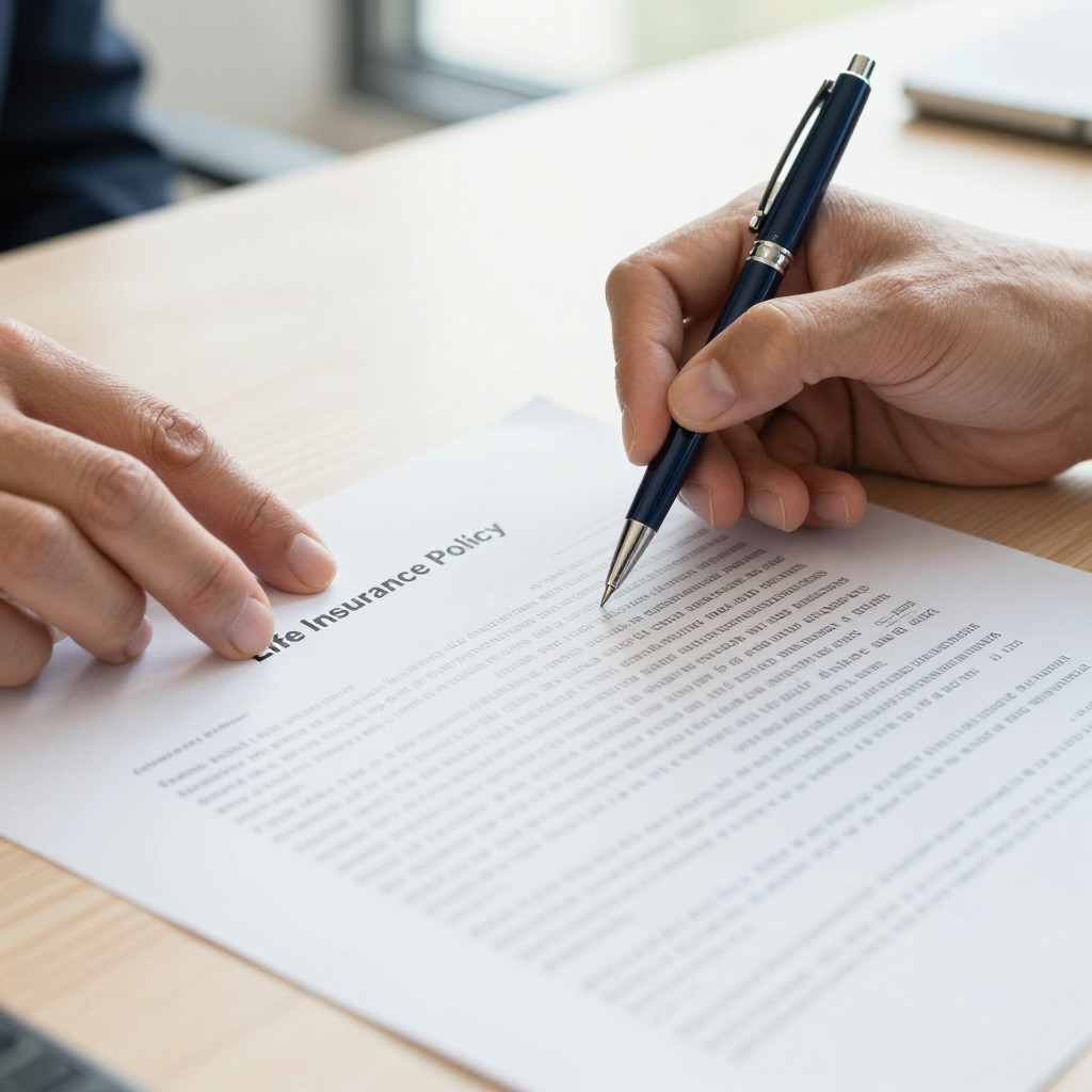 A person uses a dark blue pen to sign a document labeled