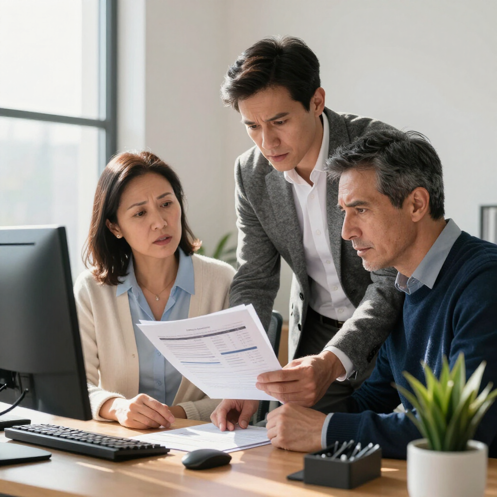 Three professionals stand together in an office, reviewing a document while looking at a computer screen.