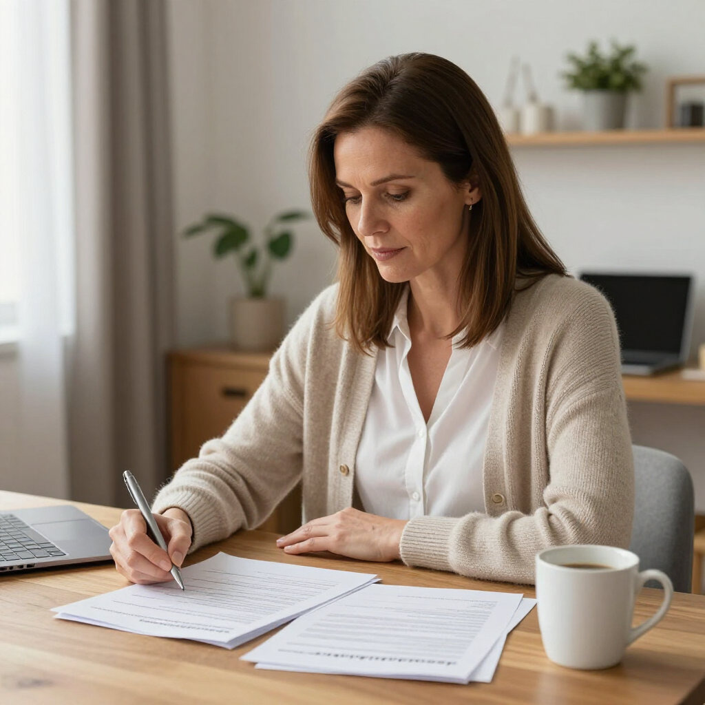 A person in a beige cardigan sits at a wooden desk writing on documents with a pen, with a laptop and coffee mug nearby.