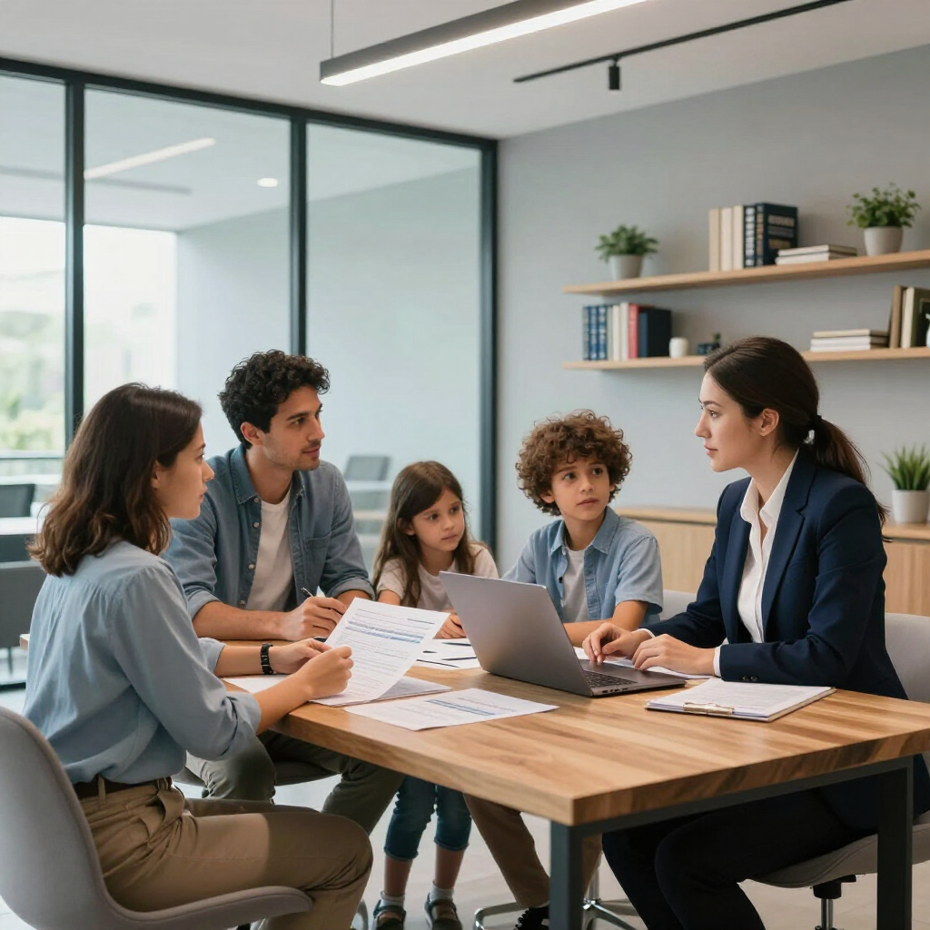 A professional consultation meeting in an office between two adults, two children, and a professional seated at a table.