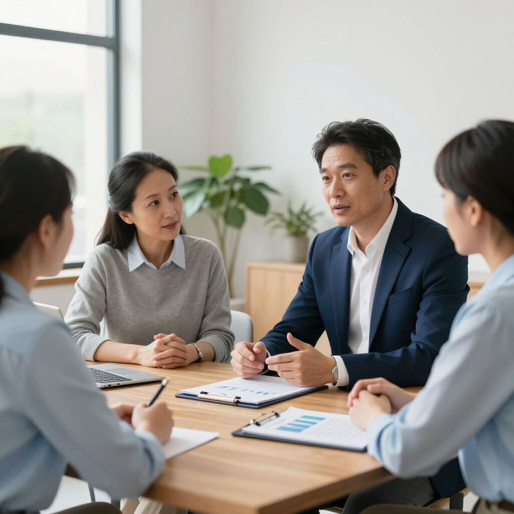 Four professionals sit around a wooden table in an office, reviewing documents and discussing work.
