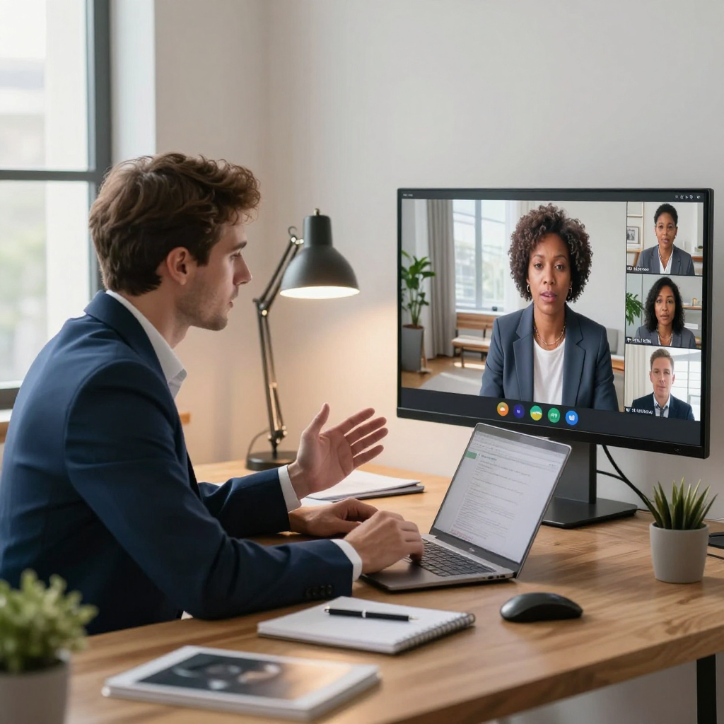 A person in a suit sits at a desk working on a laptop while participating in a video conference on a large monitor.