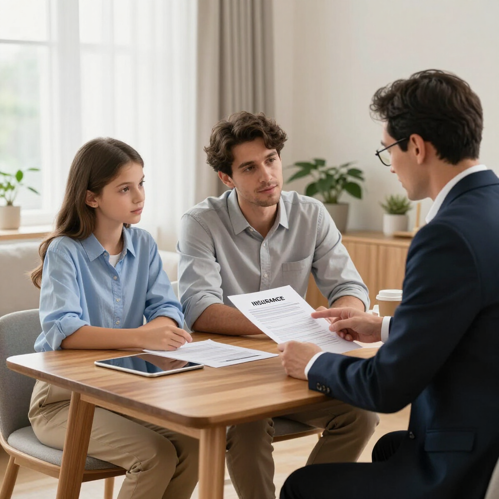 Two people sit at a table, listening as a professional in a suit points to a document during a consultation.