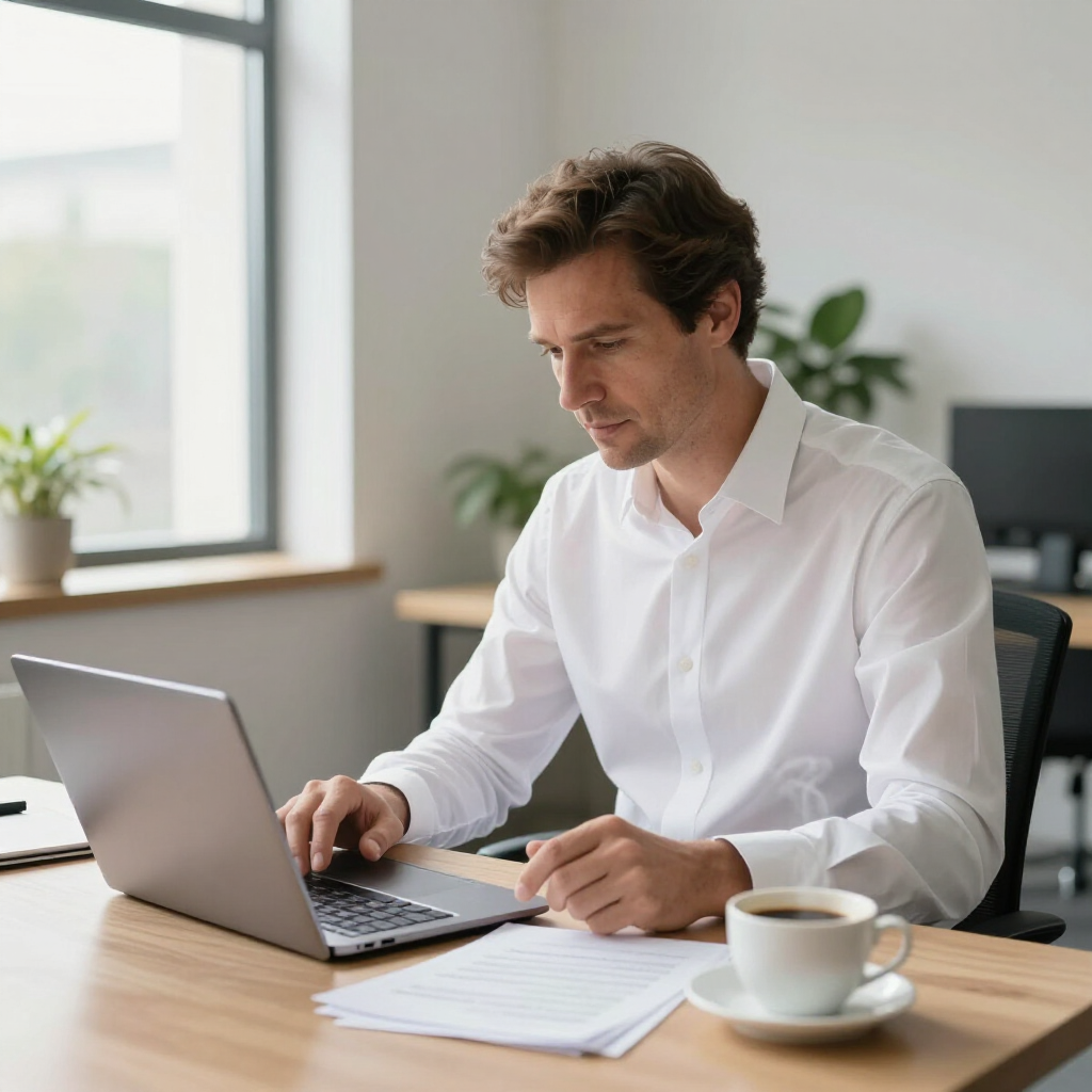 A person in a white button-down shirt types on a laptop at a wooden desk with a cup of coffee nearby.