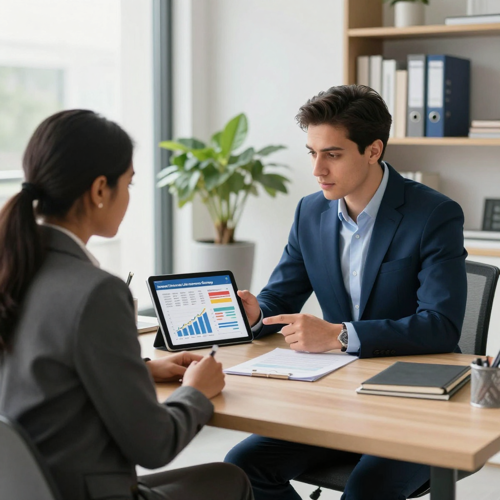 Two professionals sit at a desk in an office, reviewing business charts on a tablet screen during a meeting.